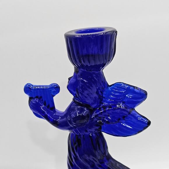 Vintage Cobalt Blue Glass Angel Candlestick Holders Musical Angel Harp Figurines - Picture 5 of 9